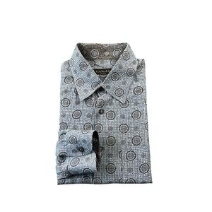 Canali Current Blue Brown Geometric AOP Cotton Button Front Size Large